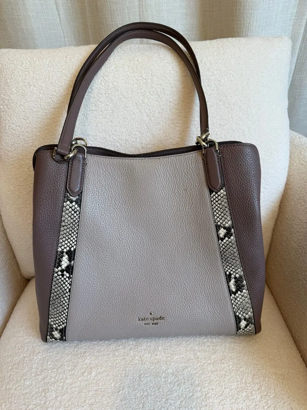 Kate Spade New York Pebbled Leather Snakeskin Trim Tote Purse Shoulder Bag